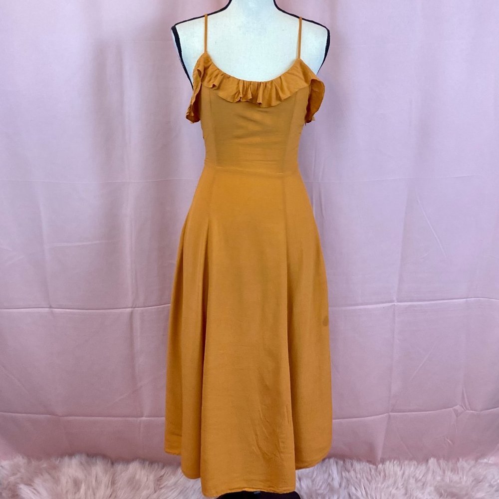 Ruffle strapless midi dress